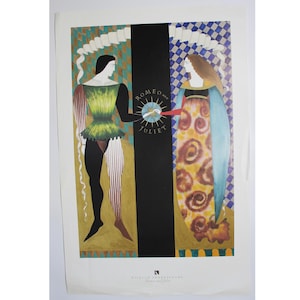 May include: A vintage poster featuring a stylized illustration of Romeo and Juliet. The poster is set against a black background with gold and green accents. The text "Romeo and Juliet" is written in a stylized font.