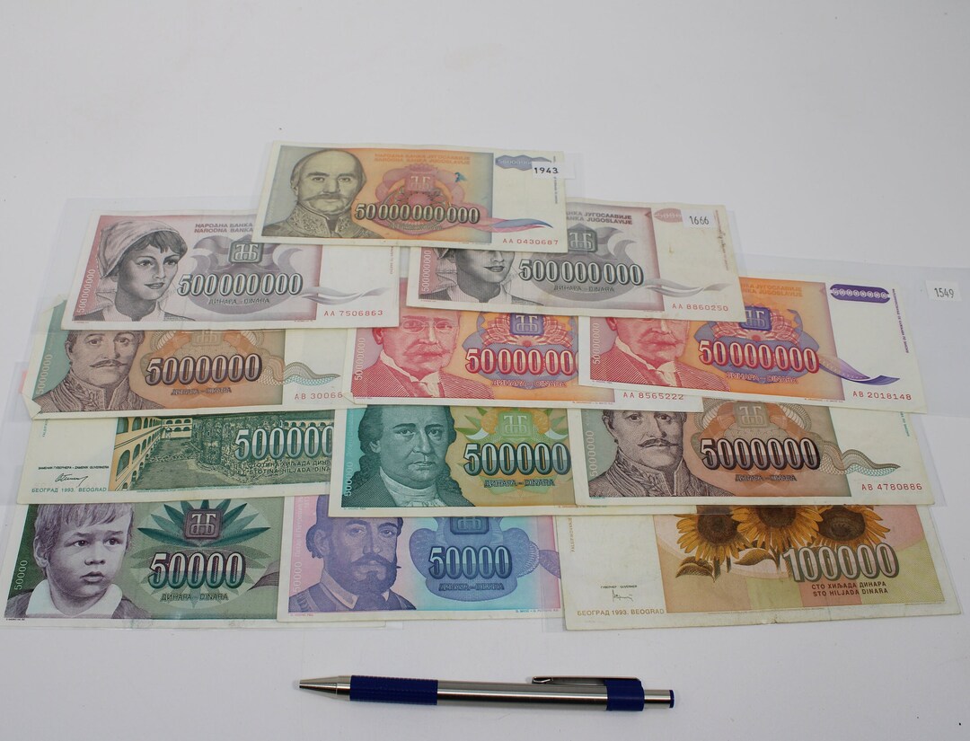 Group of 12 Vintage Yugoslavia 1990's Inflation Dinara Banknotes ...