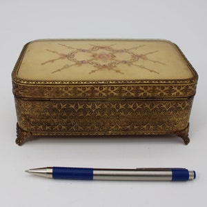 Vintage Brass Ornate Music / Jewelry Box with Embroidered Pattern on top. Music Box Works. Circa: Early to mid 1900&#39;s??