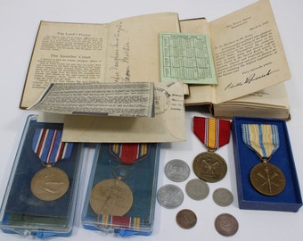 Group of US WWII Military Memorabilia - New testament, Prayer Book, Letter, Medals and German Empire and Weimar Coins