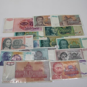 1) GRP of 13 Yugoslavia 1990&#39;s Inflation Dinara Banknotes - 50,000 to 1 Billion Notes - Good Condition