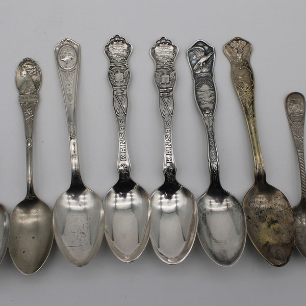 Set 20 - Silver Souvenir Spoons - Silver Plate - Kansas, Illinois, Movie Stars, USS Maine, Rolex