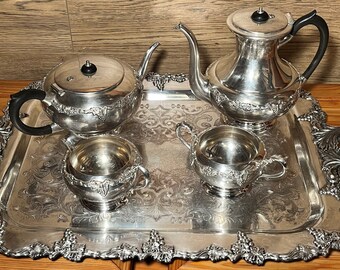 EP Cooper, BM Mounts Victorian Plate No. Grape Style - 5 Piece Tea Service. Heavy Rectangular Tray. Silver Plated Copper.