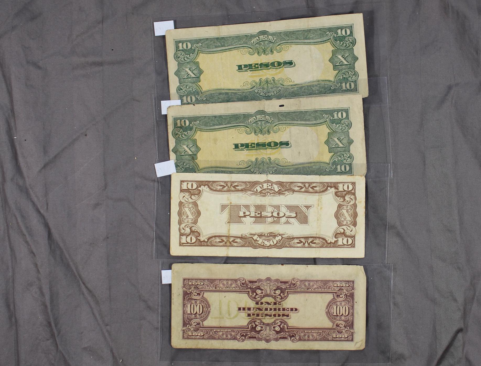 Japanese Invasion Banknotes Four WWII Japanese Occupation Banknotes - 3-10 Peso Notes and 1-100 ...