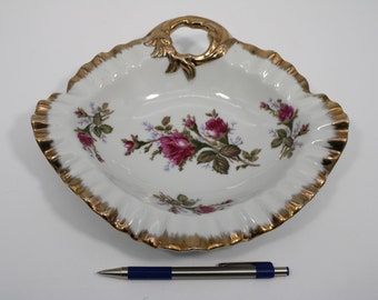 Vintage Dish w/Hand Painted Roses and Gilt Edges - 9"x8" - 1970's