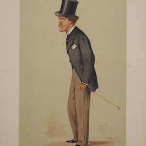 May include: A caricature illustration from Vanity Fair of a man in a black top hat and suit, holding a cane. The man is wearing a dark gray suit jacket, light brown pants, and black shoes. The illustration is titled "Chesterfield 'Letters'" and signed "Ape".