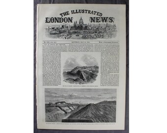 May include: A black and white illustration from The Illustrated London News, dated Saturday, May 21, 1864. The illustration shows a view of the fortifications of Sebastopol, a city in Crimea, Ukraine. The text below the illustration reads "The Bay of Sebastopol. - Fortifications of Sebastopol, as constructed by the Russians."