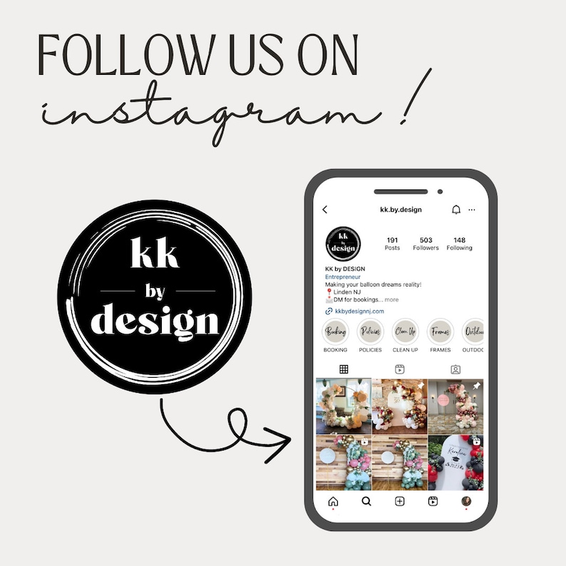 Peut inclure: Un logo noir et blanc pour une entreprise appel&eacute;e "KK by Design". Le logo pr&eacute;sente les lettres "KK" dans un cercle avec les mots "by design" en dessous. Le logo est affich&eacute; sur l'&eacute;cran d'un smartphone avec un lien vers la page Instagram de l'entreprise. La page Instagram pr&eacute;sente des photos d'arrangements de ballons et le texte "KK by DESIGN, Entrepreneur, Making your balloon dreams reality! Linden NJ, DM for bookings...more, kkbydesignni.com".