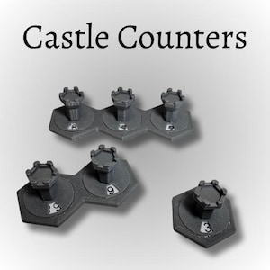May include: Gray castle counters with numbers 3, 5, 8, and 9. Each counter features a castle turret design atop a hexagonal base. The text "Castle Counters" is displayed at the top of the image.