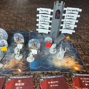 Pu&ograve; includere: Un'impostazione di gioco da tavolo con una struttura a torre grigia e carte personaggio. La torre ha etichette con nomi come "Kentobi" e "Icespeaker". Sono visibili anche pedine e carte con testo come "One with the Earth" e "Ray of Hate".