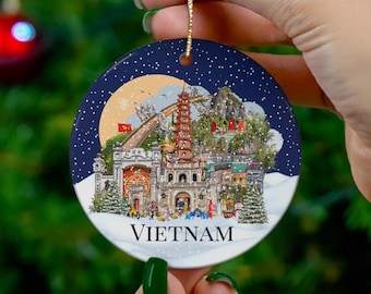 Ozdoba świąteczna inspirowana Wietnamem, śnieżna scena Wietnamu, ilustrowane zabytki Wietnamu, pamiątka z Wietnamu, ozdoba z zatoki Ha Long, Hanoi, Sajgon