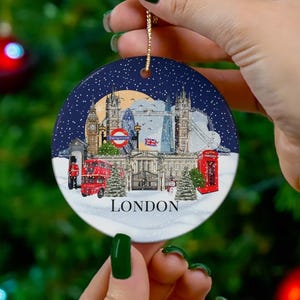 London Christmas ornament, Illustrated London ornament, Christmas midnight sky ornament, Snow in London ornament, London Christmas gift