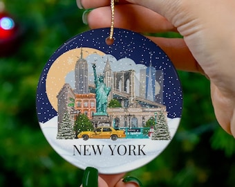 New York City Christmas Ornament, Illustrated NYC Skyline Holiday Decoration, New York Landmarks, Travel Souvenir Gift,