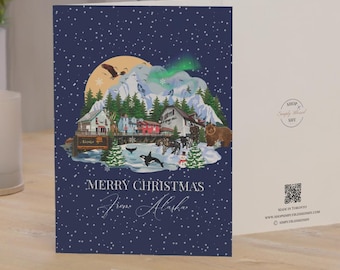 Tarjeta de felicitación navideña de Alaska, tarjeta navideña con paisaje invernal, regalo ilustrado de Alaska