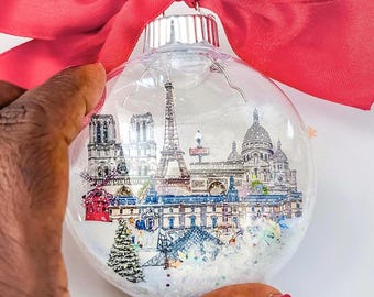 Paris Christmas ornament, Floating snow ornament, Illustrated Parisian skyline, France gift, Handcrafted Keepsake (2025 Edition)