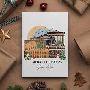 Cartão de Natal em Roma, Cartão de Natal com tema de viagem, Cartão de Natal, Conjunto de cartões de Natal de viagem, Cartão de Natal ilustrado de Roma