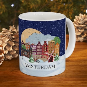Christmas in Amsterdam coffee mug, Amsterdam inspired mug, Illustrated Amsterdam Mug, Popular Amsterdam skyline, Amsterdam souvenir