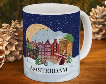 Christmas in Amsterdam coffee mug, Amsterdam inspired mug, Illustrated Amsterdam Mug, Popular Amsterdam skyline, Amsterdam souvenir