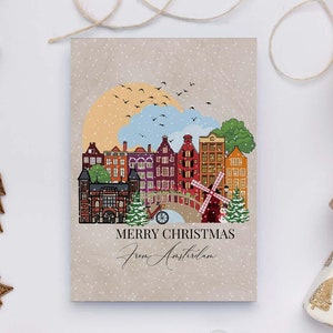 Tarjeta de Navidad de Ámsterdam, Tarjeta de viaje, Tarjeta navideña, Juego de tarjetas navideñas de viaje, Tarjeta navideña ilustrada de Ámsterdam