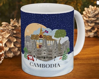 Weihnachten in Kambodscha Kaffeetasse, Kambodscha inspirierte Tasse, bunte illustrierte Kambodscha-Marksteine, Kambodscha-Andenkengeschenk, Reiseliebhabergeschenk