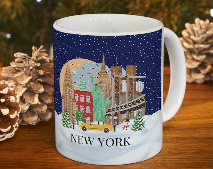 Christmas in New York coffee mug, NYC inspired mug, Illustrated New York Mug, New York skyline, Popular Landmarks, New York souvenir gift