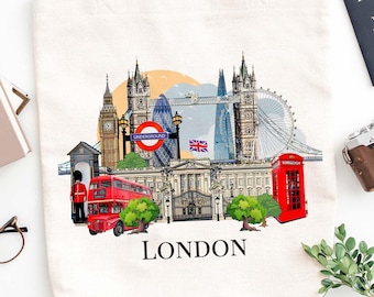 Bolsa de lona de Londres, recuerdo ilustrado del horizonte colorido del Reino Unido.