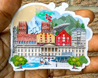 Feuille d'autocollants A5 en vinyle avec monuments de la Norvège – Carte norvégienne lumineuse pour aéroport, horizon, drapeau, voyage, vacances