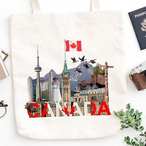 Canada tote bag, Travel tote bag, Canadian Landmarks shoulder bag, Colourful Canada bag, Book Bag, Canadian provinces, Canada souvenir gift