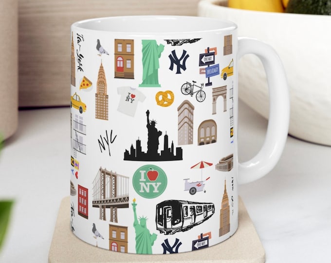 New York coffee mug, NYC inspired mug, Illustrated New York Mug, New York skyline, Popular Landmarks, New York souvenir gift, NYC coffee mug