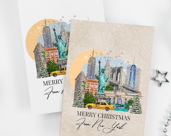 New York Weihnachtsgrußkarte, Illustrierte New Yorker Wahrzeichen, Weihnachtskartengeschenkset, Schnee in New York, NYC Andenken Weihnachtsgeschenk