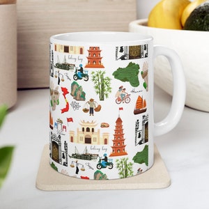 Vietnam coffee mug, Illustrated Vietnam Landmarks, Southeast Asia mug, Vietnam souvenir gift, Travel mug, Ceramic mug, Gift for traveler