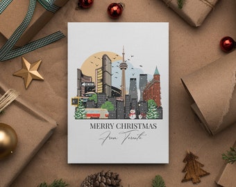 Christmas in Toronto greeting card , Travel themed greeting card, Toronto Travel Christmas card set, Illustrated Toronto Christmas card