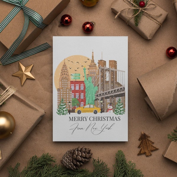 New York Christmas greeting card, Illustrated New York Landmarks, Christmas card gift set, Snow in New York, NYC souvenir Christmas gift