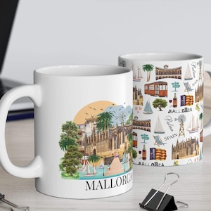Mallorca coffee mug, Mallorca Spain inspired mug, Illustrated Mallorca Landmarks, Mallorca souvenir gift, Palma De Mallorca coffee mug