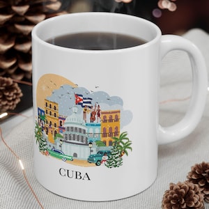 Cuba coffee mug, Travel themed mug, Cuba Christmas coffee mug, Illustrated Cuba mug gift, Tropical Island Christmas souvenir, Cuba gift