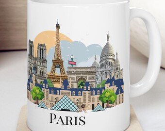 Christmas in Paris coffee mug, Paris inspired mug, Illustrated Paris skyline Mug, Personalized ceramic mug, Paris Landmarks, Paris gift