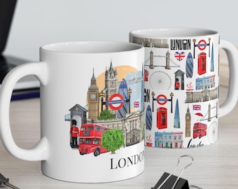 London Kaffeebecher, illustrierte Skyline von London Becher, London Weihnachtskaffeebecher, britische Teebecher, beliebte Wahrzeichen von London, London Geschenk