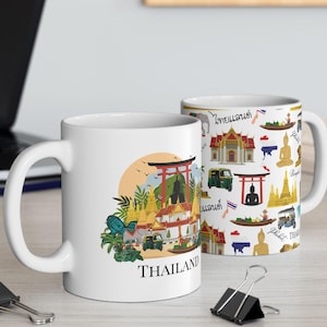 Thailand coffee mug, Thailand inspired mug, Illustrated Thailand Landmarks, Thailand souvenir gift, Personalized ceramic mug,Bangkok temples