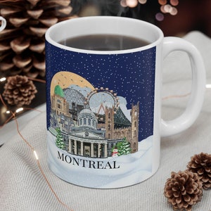 Christmas in Montreal coffee mug, Colourful Illustrated Montreal mug,  Montreal skyline, Canadian souvenir gift, Personalized ceramic mug