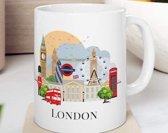 London coffee mug, Illustrated London skyline Mug, Christmas in London coffee mug, British tea mug, Popular London Landmarks, London gift