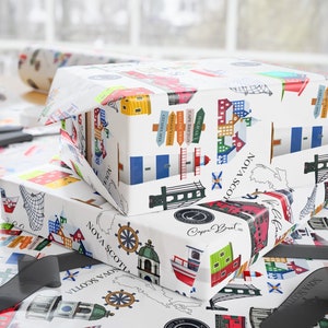 Nova Scotia wrapping paper, Travel themed gift wrap, Halifax pattern gift wrap, Colourful gift wrap, Nova Scotia gift, birthday gift wrap