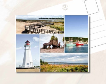 Carte postale du Nouveau-Brunswick, Pont de la Confédération, Photographie des rochers de Hopewell, Bateaux de pêche, Cartes postales de voyage, Carte postale collage photo