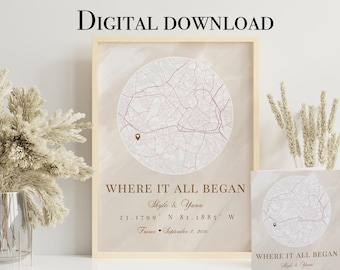 Digital Download, Where it all began map print, Printable Where We Met Map, Custom Map print, Mothers Day Gift, Custom anniversary gift