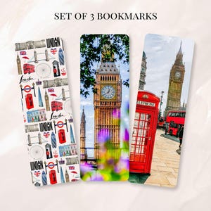 Londonbokmärken, Set med 3 bokmärken, Laminerat Londonbokmärkesset, Bokpresent med resetema, Londonsouvenir, Present till bokälskare i London