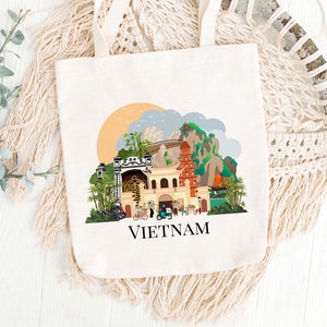 Vietnam canvas tote bag, Travel tote bag, Vietnam themed bag, Sturdy tote bag, Colourful Vietnam bag, Book Bag, Vietnam souvenir gift
