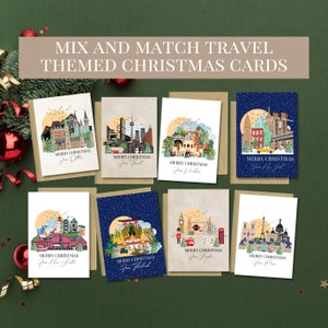 Misture e combine cartões comemorativos, conjunto de cartões comemorativos de Natal, cartão comemorativo de viagem, cartões de Natal ilustrados, cartões comemorativos com tema de viagem