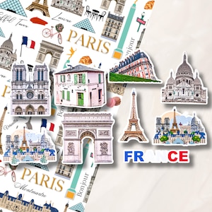 Paris stickers, Paris landmarks, Eiffel Tower, Notre Dame, Arc de Triomphe, Sacré-Cœur, Montmartre sticker set, Colourful France stickers