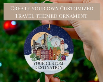 Custom Christmas ornament, Travel Inspired ornament, Personalized Illustrated city skyline, Travel souvenir gift, Custom Christmas Decor