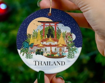 Thailand Inspired Christmas ornament, Bangkok temples souvenir, Illustrated Thailand Landmarks, Thailand souvenir, Phi Phi islands ornament