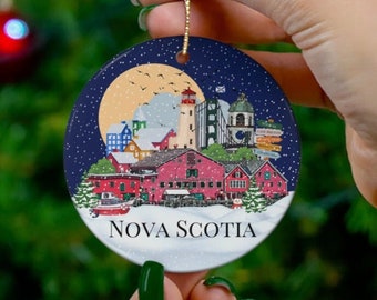 Nova Scotia Inspired Christmas ornament, Illustrated Maritimes Landmarks, Christmas midnight sky, Snow in Nova Scotia, Halifax souvenir gift
